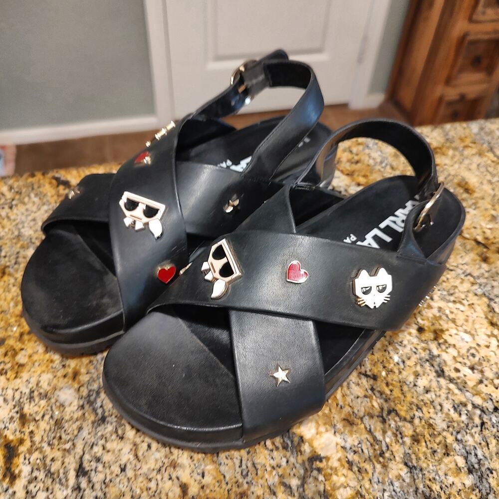 Karl Lagerfeld Black Women Pin Sandal Cross Cross Sling back Sz 10 M